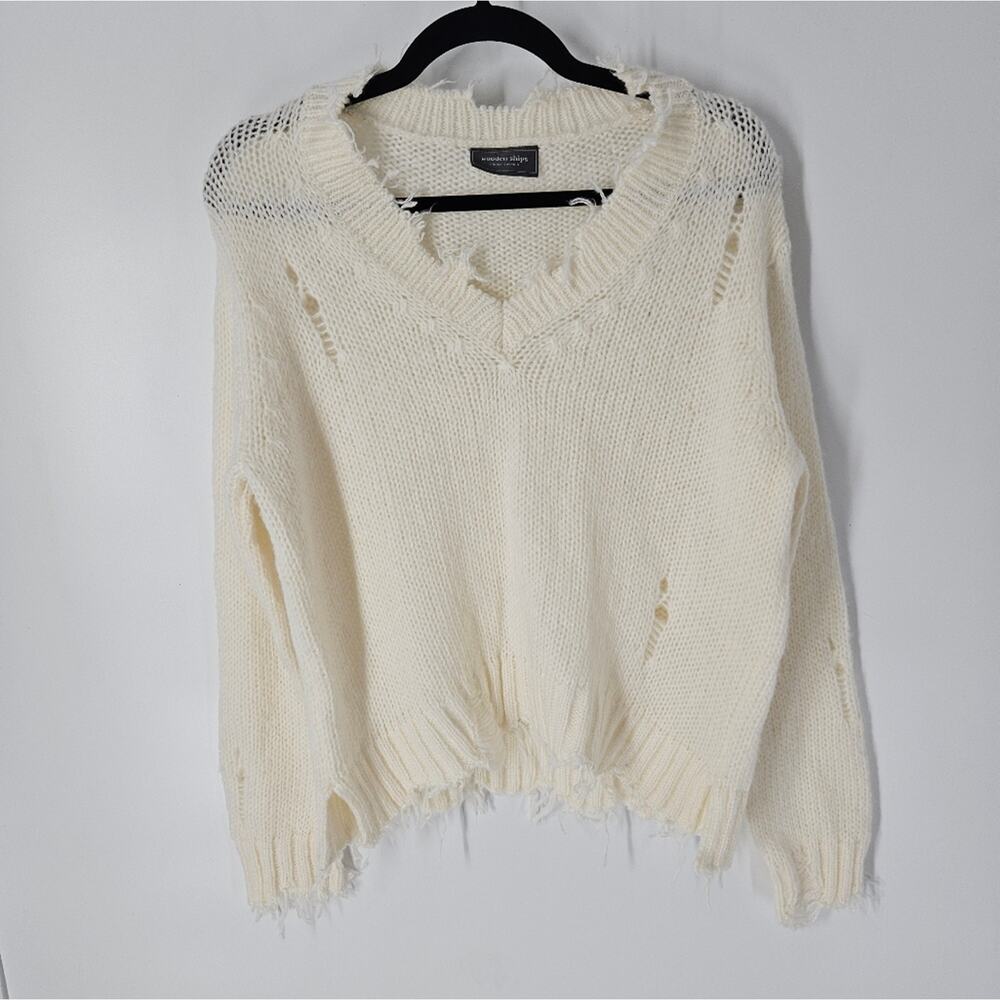 Wooden Ships Cream Distressed Long Sleeve V Neck Sweater S/M